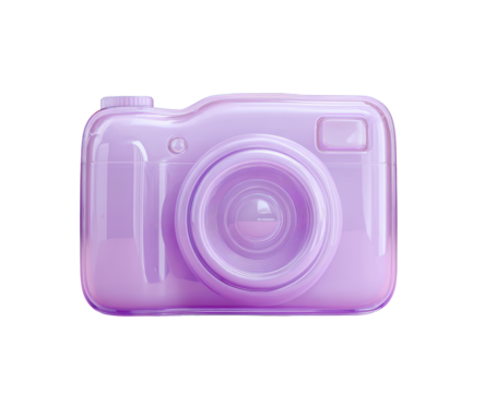 Glossy, light-purple camera with lens centered, isolated on black. Rendered, toy-like appearance; simplistic design