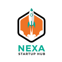 A stylized rocket launching within a hexagonal frame, vibrant colors, text "STARTUP HUB" at the bottom