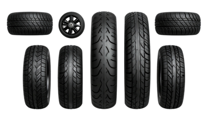 Collection of car tires and one wheel, arranged horizontally. Deep tread patterns and dark shadows are visible