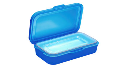 Open, empty light blue plastic container with a shiny interior, lid ajar, against a black background