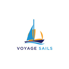 A simple, nautical logo of a sailboat with blue and orange sails on a blue wave in white background