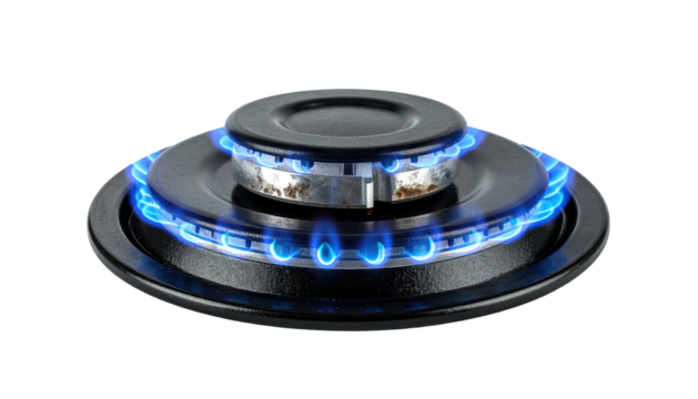 Black gas burner with blue flames on a black background. Flames evenly distributed around burner