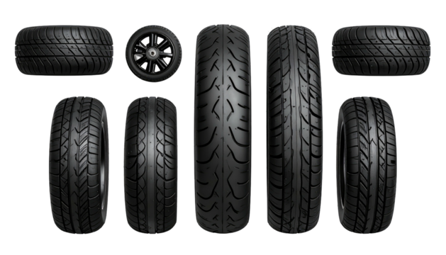 Collection of car tires and one wheel, arranged horizontally. Deep tread patterns and dark shadows are visible