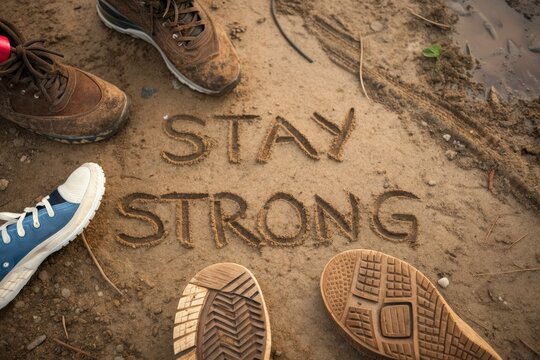 Shoes and Mud Forming Stay Strong Text on Brown Ground