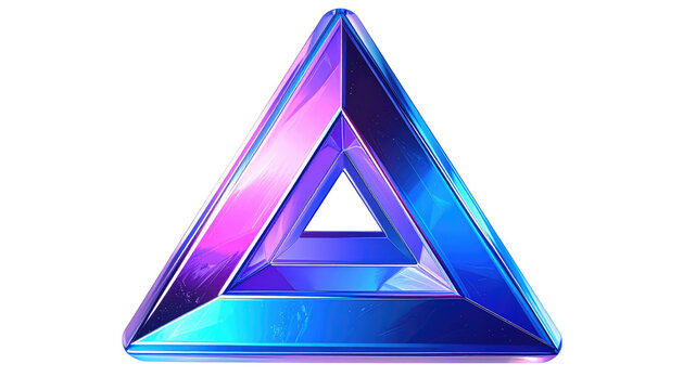 A reflective iridescent nested triangle gradient design element on a black background, with dimensional depth