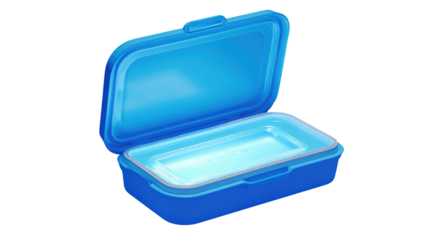 Open, empty light blue plastic container with a shiny interior, lid ajar, against a black background