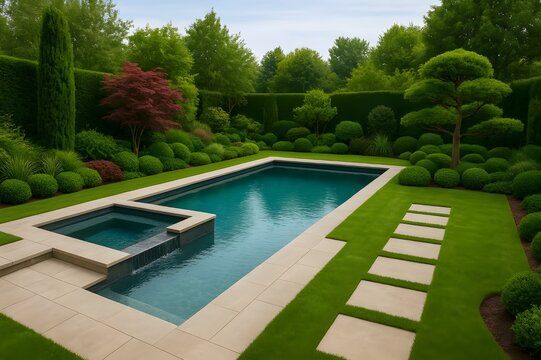 Elegant rectangular swimming pool with integrated spa, set within a lush, formally planted garden with vibrant foliage and stepping stones