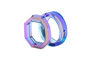 Two iridescent geometric rings interlocked on a dark background, shimmering with purple and blue light