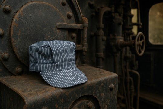 Nostalgic portrait: Engineer's cap on weathered steam engine, capturing industrial era essence