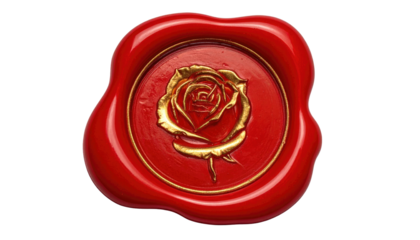 A red wax seal embossed with a golden rose emblem, isolated on a black background; elegant and slightly aged look