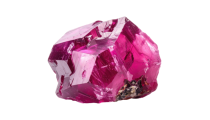 Close-up of a vivid pink crystal, its faceted surfaces reflecting light, against a stark black background
