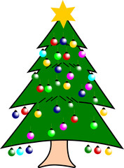 A decorated Christmas tree with colorful ornaments and a star on top.