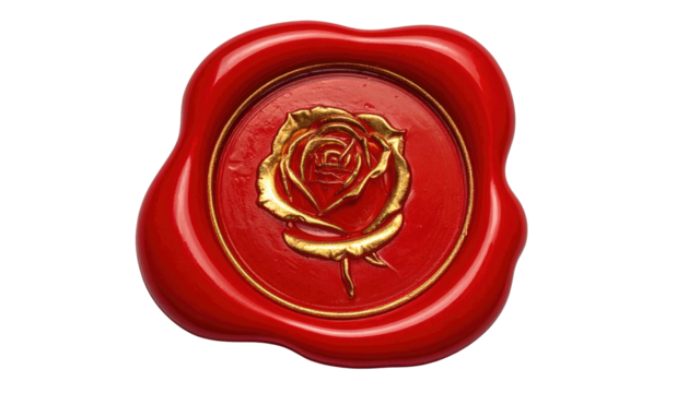 A red wax seal embossed with a golden rose emblem, isolated on a black background; elegant and slightly aged look