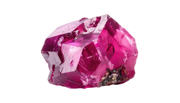 Close-up of a vivid pink crystal, its faceted surfaces reflecting light, against a stark black background