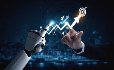 Naklejka na ściany i meble AI drives business growth by analyzing trends, forecasting outcomes, identifying goals, and guiding decisions to achieve optimal strategic success. Vouch Naklejka na ściany i meble AI drives business growth by analyzing trends, forecasting outcomes, identifying goals, and guiding decisions to achieve optimal strategic success. Vouch