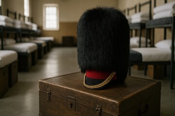 Royal guard bearskin hat resting on a vintage wooden trunk in barracks lodging area representing