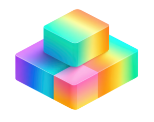 Stacked cubes with rainbow gradient; small on top, large on bottom. Isometric view. Black background