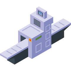 Isometric 3D illustration of a conveyor belt system with a large industrial machine on a white background representing automated manufacturing and production processes in light blue and grey tones