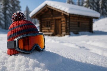 Naklejka premium Cozy winter scene with ski goggles and knitted hat against a snowy mountain cabin backdrop