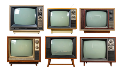Six vintage televisions with blank screens in varying styles arranged in two rows on a black background