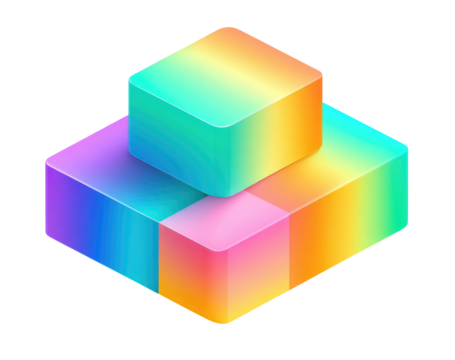 Stacked cubes with rainbow gradient; small on top, large on bottom. Isometric view. Black background