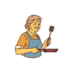 A smiling, elderly woman with gray hair wearing an apron cooking in a pan with a spatula