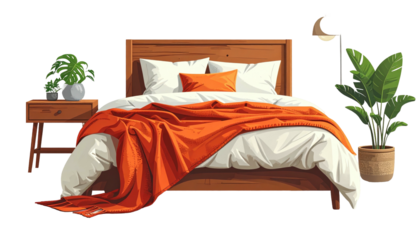 Cozy bedroom scene a wooden bed with white bedding and orange accents, plants, and a moon lamp on a black background