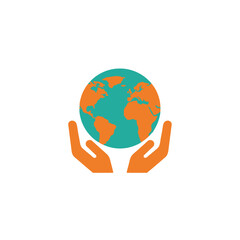 Fototapeta premium Flat icon of planet Earth held between two open hands, evoking themes of conservation