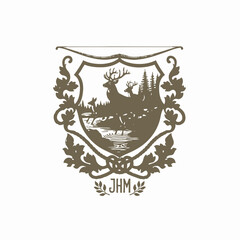 An emblem, featuring forest, water, and deer, framed by ornamental leaves and banner