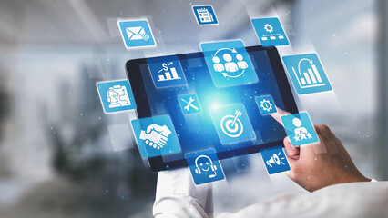 Obraz premium CRM platforms improve customer relationships through data analysis, CRM communication tools, and automation. CRM systems support customer management, tracking, and CRM relationship success. Spire