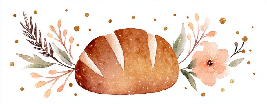 Philosophical art expression - Watercolor Bread and Floral Decoration with Gold Accents - symbolic composition