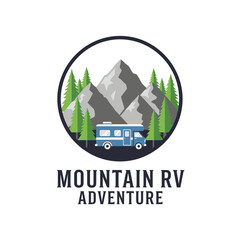 A circular logo features a motorhome nestled beneath mountains and evergreens, with the text "Adventure
