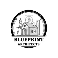 Obraz premium A black and white emblem featuring a house, blueprint tools, and geometric shapes within a circle