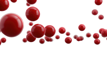 Floating glossy red spheres against black. Some are clustered, others scattered. Depth of field is shallow