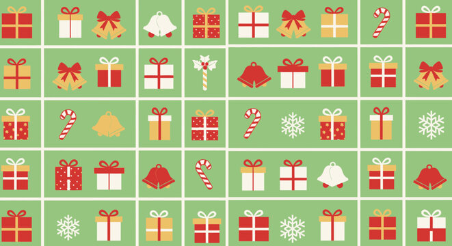 Seamless Christmas pattern with festive icons like gift boxes, bells, and snowflakes on a green grid background