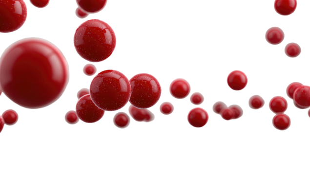 Floating glossy red spheres against black. Some are clustered, others scattered. Depth of field is shallow