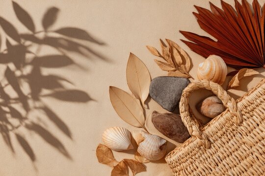 Beachy composition basket, shells, leaves, stones, soft light, and shadows
