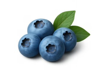 Blueberries with leaves, fresh ripe berry group for healthy eating, a natural fruit food with transparent background