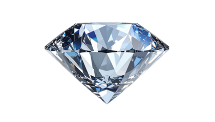 Faceted gem reflects light in shades of blue and white, centrally isolated on black background