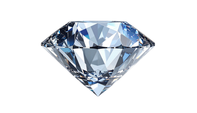 Faceted gem reflects light in shades of blue and white, centrally isolated on black background