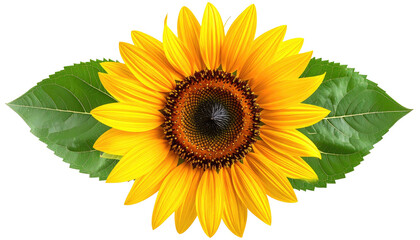Obraz premium Sunflower with large green leaves, center aligned against a solid black background