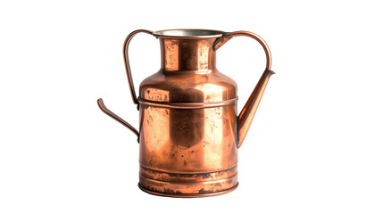 Gleaming copper pitcher with two handles & spout against black backdrop. Antique kitchen ware with reflective surface
