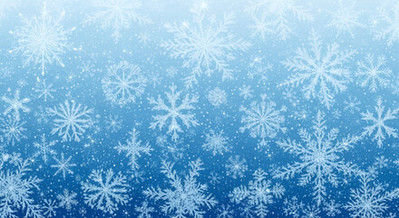 A blue gradient background filled with a variety of white snowflakes, creating a wintery and festive scene.