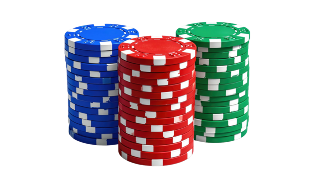 Three stacks of gaming chips in blue, red, and green, isolated on a black background