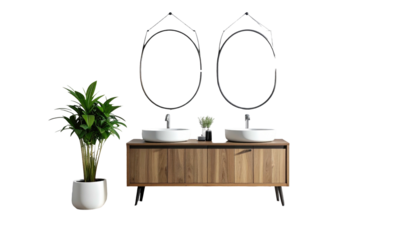 Bathroom vanity w/ two sinks, oval mirrors, wood cabinet, potted plants on black background, clean modern interior design