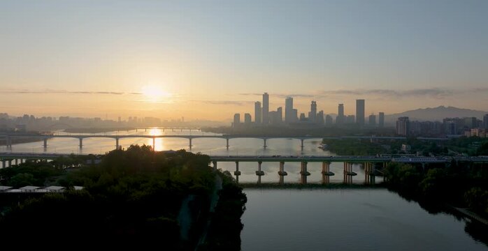 An aerial view of Seoul's Hangang River, Yeouido, and Seonyudo Park in autumn