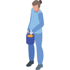 Isometric 3D Render Of A Person In Light Blue Uniform Carrying A Blue Bucket Filled With Yellow Substance Isolated On White Background