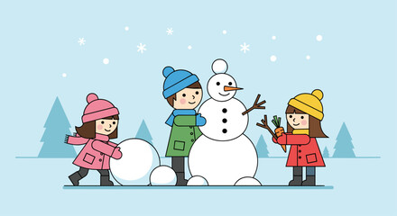 Children Building a Snowman in the Winter
