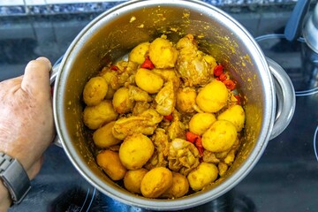 Traditional Brazilian dish of rice, chicken, and pequi (Brazilian caryocar), known as Goiana chicken stew.