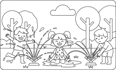 Fototapeta premium Children Playing with a Water Sprinkler in a Park. Coloring Book Style